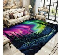 TerroVee Aurora Borealis Rugs Living Room Large 140x200 - Colourful Northern Lights Bedroom Rug, Fantasy Night Sky Pine Tree Washable Non Slip Low Pile Carpet, Aurora House Decor