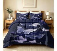 TerroVee Butterflies Coverless Duvet, Double Duvet 10.5 TOG | Midnight Navy Butterfly Double Quilt All Season, Lightweight Breathable Soft Machine Washable Bedding with 2 Pillowcases