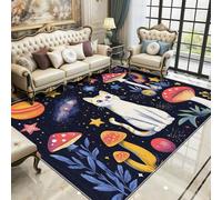 TerroVee Cat Rug - Cartoon kitten Mushroom Small Rugs for Bedroom 60x90, Multicoloured Cosmic Star Planet Kids Floor Mat Soft Washable Non Slip Indoor Mats, Cat Room Decor