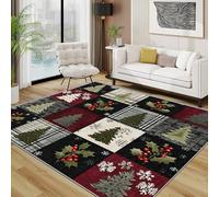 TerroVee Christmas Tree Rugs Living Room Large 200x300 - Patchwork Plaid Holly Berry Bedroom Rug, Xmas Snowflake Washable Non Slip Low Pile Carpet, Christmas Home Decor