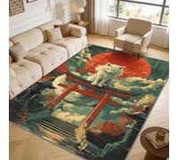 TerroVee Fox Rugs Living Room Large 140x200 - Japanese Kitsune Torii Bedroom Rug, Red Sun Wildlife Washable Non Slip Low Pile Carpet, Fox House Decor