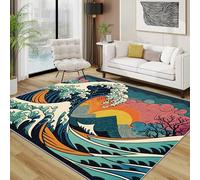TerroVee Great Wave Area Rugs for Living Room 120x120 - Japanese Waves Rug for Bedroom, Ocean Waves Non Slip Washable Short Pile Carpet, Great Wave Room Decor