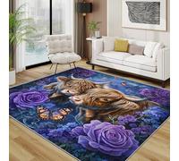 TerroVee Highland Cow Area Rugs for Living Room 120x120 - Rose Floral Farm Animal Rug for Bedroom, Farmhouse Rustic Cattle Non Slip Washable Short Pile Carpet, Highland Cow Room Decor