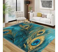 TerroVee Peacock Feather Rugs Living Room Large 140x200 - Teal Luxury Artistic Bedroom Rug, Modern Elegant Washable Non Slip Low Pile Carpet, Peacock Feather House Decor
