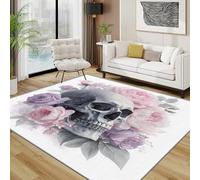 TerroVee Skull Rug - Gothic Rose Flower Small Rugs for Bedroom 50x80, Day of the Dead Floor Mat Soft Washable Non Slip Indoor Mats, Skull Home Decor