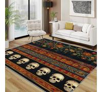 TerroVee Skull Rug - Gothic Vintage Distressed Small Rugs for Bedroom 60x90, Mexican Tribal Day of the Dead Floor Mat Soft Washable Non Slip Indoor Mats, Skull Room Decor