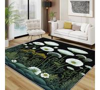 TerroVee Wildflower Area Rugs for Living Room 120x120 - Green Botanical Floral Rug for Bedroom, White Daisy Non Slip Washable Short Pile Carpet, Wildflower Room Decor