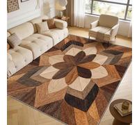 TerroVee Wood Effect Rugs Living Room Large 160x230 - Rustic Geometric Floral Bedroom Rug, Farmhouse Cabin Washable Non Slip Low Pile Carpet, Wood Effect Home Decor