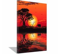 TERUEA Animal Bathroom Print African Sunset Elephant & Tree, Bold Safari Decor Cute Animals Poster Artwork for Toilet Bathroom(Orange)-60x90cm1 Framed