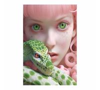 TERUEA Animal Wall Art Canvas Painting Surreal Green Snake & Pink Hair, Distinctive Fantasy Decor Colourful Canvas Street Wall Art Print Artwork(Pink)-70x100cm1 Unframed