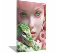TERUEA Animal Wall Art Canvas Painting Surreal Green Snake & Pink Hair, Distinctive Fantasy Decor Colourful Canvas Street Wall Art Print Artwork(Pink)-60x90cm1 Framed