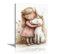 TERUEA Beautiful Girl Animals Poster Canvas Art Wall Decor Little girl and her pet Picture Prints for Girls Room Bedroom Wall Decor(Pink)-40x60cm1 Framed