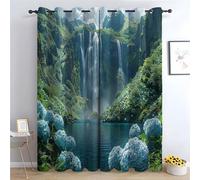 TERUEA Blackout Curtains Tropical waterfall with blue hydrangea flowers Green Floral Patterned Curtains Vintage Art Deco Drapes Thermal Insulated Room Darkening Curtains-52 W x 108" L (Pack of 2)