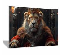 TERUEA Canvas Animal Abstract Colourful - Lion on Throne Crown Red Robe 1P Tropical Plant Posters Prints Cute Modern Artwork for Living Room Bedroom Home Decor Gallery(Red)-70x100cm1 Framed