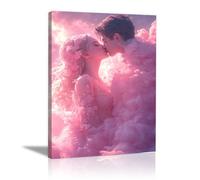TERUEA Canvas Wall Art Abstract Couple kissing in pink clouds Picture Prints for Girls Room Bedroom Wall Decor(Pink)-30x45cm1 Framed