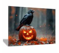 TERUEA Canvas Wall Art Halloween Fall Wall Decor A crow sits on an orange pumpkin, Painting Gothic Spooky Artwork Prints Home Decor (Black)-30x45cm1 Framed