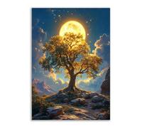 TERUEA Canvas Wall Art Halloween Fall Wall Decor An old oak tree standing under the bright moon Painting Gothic Spooky Artwork Prints Home Decor (Yellow)-70x100cm1 Unframed