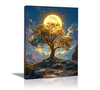 TERUEA Canvas Wall Art Halloween Fall Wall Decor An old oak tree standing under the bright moon Painting Gothic Spooky Artwork Prints Home Decor (Yellow)-70x100cm1 Framed