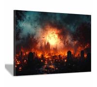 TERUEA Canvas Wall Art Halloween Fall Wall Decor The moonlight shines in a cemetery at night, Painting Gothic Spooky Artwork Prints Home Decor (Black)-20x30cm1 Framed