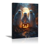 TERUEA Canvas Wall Art Halloween Fall Wall Decor Three white ghosts with pumpkins, Painting Gothic Spooky Artwork Prints Home Decor (Orange)-70x100cm1 Framed