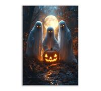 TERUEA Canvas Wall Art Halloween Fall Wall Decor Three white ghosts with pumpkins, Painting Gothic Spooky Artwork Prints Home Decor (Orange)-80x120cm1 Unframed
