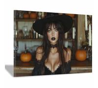 TERUEA Canvas Wall Art Prints A beautiful witch dressed in black sits in a bar Halloween Dark Academia Scary Witch Silhouette Art Poster Creepy Gothic Aesthetics (Black)-20x30cm1 Framed