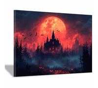 TERUEA Canvas Wall Art Prints A haunted house in the moonlight, bats flying, Halloween Dark Academia Scary Witch Silhouette Art Poster Creepy Gothic Aesthetics (Red)-20x30cm1 Framed