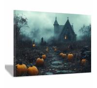 TERUEA Canvas Wall Art Prints A haunted house with a full moon in the background Halloween Dark Academia Scary Witch Silhouette Art Poster Creepy Gothic Aesthetics (Gray)-30x45cm1 Framed