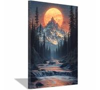 TERUEA Colorful Floral Artwork Orange Moon Mountain River Bird Sunset Non-woven s for LivingRoom and Bedroom Abstract(Orange)-30x45cm Framed