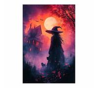 TERUEA Colorful Flowers Pictures Paintings on Canvas Wall Art for Living Room Bedroom Home Decorations A witch stands in front of an old haunted house (Medium Fuchsia)-30x45cm1 Unframed