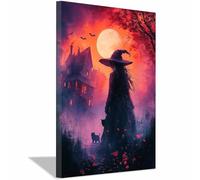 TERUEA Colorful Flowers Pictures Paintings on Canvas Wall Art for Living Room Bedroom Home Decorations A witch stands in front of an old haunted house (Medium Fuchsia)-60x90cm1 Framed
