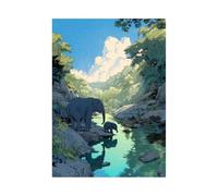 TERUEA Colourful Animal Canvas Wall Art Canvas Picture Big Small Elephant Jungle River Mountain Colourful Canvas Street Wall Art Print Artwork(Blue)-60x90cm Unframed