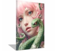 TERUEA Colourful Animal Canvas Wall Art Canvas Picture Surreal Green Snake with Pink Hair, Unique Fantasy Decor Animals Wall Poster for Bathroom Toilet(Pink)-60x90cm1 Framed