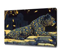 TERUEA Colourful Animal Canvas Wall ArtBlue Gold Patterned Jaguar Ancient Temple Night Scene Wildlife Cute Modern Artwork for Living Room Bedroom Home Decor Gallery(Navy)-40x60cm Framed