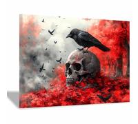 TERUEA Cozy wall art A crow perches atop a skull, art vintage canvas print suitable for Halloween gothic and cozy space decoration(Red)-40x60cm1 Framed