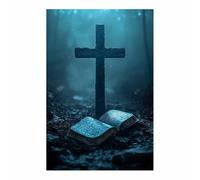 TERUEA Cozy wall art An open Bible on the ground next to a wooden cross art vintage canvas print suitable for Halloween gothic and cozy space decoration(Haze blue)-40x60cm1 Unframed