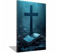 TERUEA Cozy wall art An open Bible on the ground next to a wooden cross art vintage canvas print suitable for Halloween gothic and cozy space decoration(Haze blue)-30x45cm1 Framed