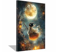 TERUEA Cute Halloween Canvas Wall Art, A cute black animal riding a witch's broomstick Vintage Prints, Ghost Art Painting, Whimsical Gothic Wall Decor for Bedroom (Gold)-20x30cm1 Framed