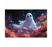 TERUEA Cute Halloween Canvas Wall Art, A cute spirit surrounded by flowers, Vintage Prints, Ghost Art Painting, Whimsical Gothic Wall Decor for Bedroom (Gray)-60x90cm1 Unframed