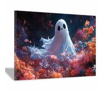 TERUEA Cute Halloween Canvas Wall Art, A cute spirit surrounded by flowers, Vintage Prints, Ghost Art Painting, Whimsical Gothic Wall Decor for Bedroom (Gray)-80x120cm1 Framed