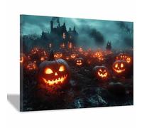 TERUEA Cute Halloween Canvas Wall Art, A haunted house surrounded by ghosts and skeletons Vintage Prints, Ghost Art Painting, Whimsical Gothic Wall Decor for Bedroom (Orange)-40x60cm1 Framed