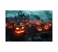 TERUEA Cute Halloween Canvas Wall Art, A haunted house surrounded by ghosts and skeletons Vintage Prints, Ghost Art Painting, Whimsical Gothic Wall Decor for Bedroom (Orange)-70x100cm1 Unframed