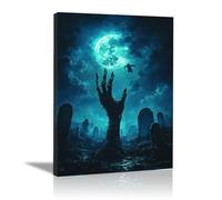 TERUEA Cute Halloween Canvas Wall Art, A skeleton hand rising from the ground, Vintage Prints, Ghost Art Painting, Whimsical Gothic Wall Decor for Bedroom (Blue)-80x120cm1 Framed