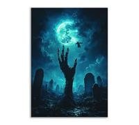 TERUEA Cute Halloween Canvas Wall Art, A skeleton hand rising from the ground, Vintage Prints, Ghost Art Painting, Whimsical Gothic Wall Decor for Bedroom (Blue)-60x90cm1 Unframed