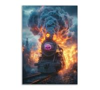 TERUEA Cute Halloween Canvas Wall Art, A skeleton train on the road, Vintage Prints, Ghost Art Painting, Whimsical Gothic Wall Decor for Bedroom (Purple)-70x100cm1 Unframed