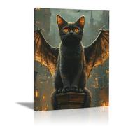 TERUEA Cute Halloween Canvas Wall Art, A Small Animals with bat wings sits atop a city building, Vintage Prints, Ghost Art Painting, Whimsical Gothic Wall Decor for Bedroom (Black)-30x45cm1 Framed