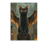 TERUEA Cute Halloween Canvas Wall Art, A Small Animals with bat wings sits atop a city building, Vintage Prints, Ghost Art Painting, Whimsical Gothic Wall Decor for Bedroom (Black)-80x120cm1 Unframed