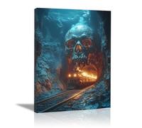 TERUEA Cute Halloween Canvas Wall Art, A train entering a tunnel of giant skeletons, Vintage Prints, Ghost Art Painting, Whimsical Gothic Wall Decor for Bedroom (Gold)-60x90cm1 Framed