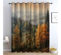TERUEA Floral Curtains Autumn Forest Misty Mountain Curtain Floral Printed Room Darkening Curtain for Bedroom, (Dark Green)-52" W x 90" L (Pack of 2)