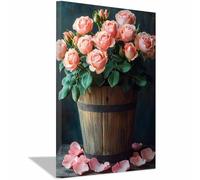 TERUEA Flowers Canvas Wall Art Prints Pictures Light Pink Rose Wooden Bucket Floral Print Colorful Flowers Canvas Wall Art for LivingRoom Bedroom Home Decorations(Light Pink)-70x100cm Framed
